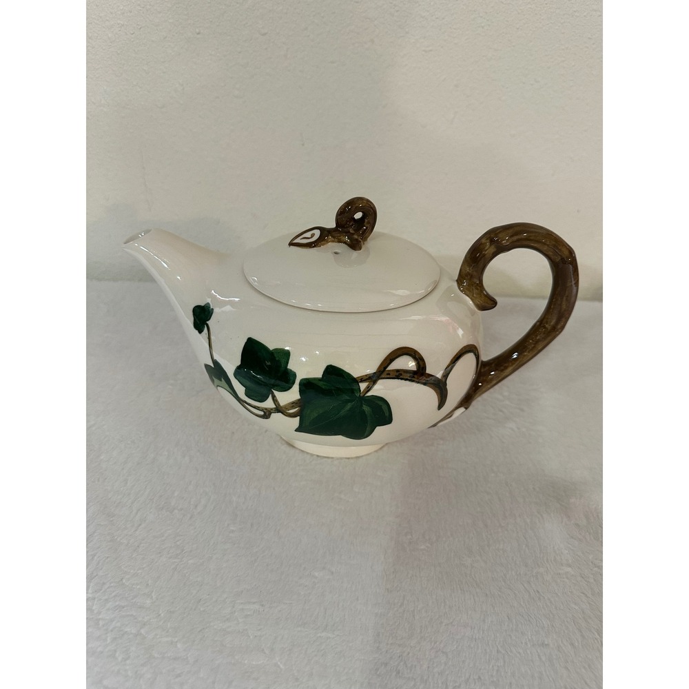 Vintage Hand Painted Ivy Ceramic Teapot Cream Green Brown Branch Handle